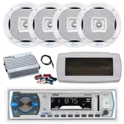 Pyle Bluetooth Marine Radio,Cover,Antenna,Amp w/Kit, 4x 5.25" 400W White Speaker
