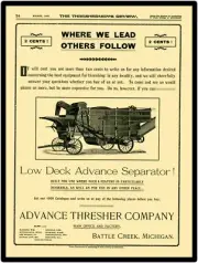 Vtg. Look 1900 Advance Thresher Co. New Metal Sign: Low Deck Advance Separator