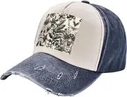 [YANYU] Floral Herbs Botanical Pattern Print Fashion Washed Distressed Baseball Cap Vintage Adjustable Hat with Classic Brim, Navy Blue, One Size