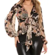 Fashion Nova Blouse Sz S Black Gold Equestrian Paisely Chiffon Tie Front Peplum