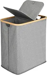ALINK Divided Folding Bamboo & Canvas Laundry Hamper- Double Large Laundry Basket with Lid - Modern Collapsible Hamper with Handles, Waterproof Liner, Great for Adults, Bedroom, Bathroom, Living Room
