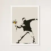 Galrie Banksy Love is in the Air Flower Thrower Artwork - 2003 Limited Edition Print, White Frame, 70 x 100cm (28 x 40inch)