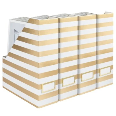Set of 4 Gold and White Striped Magazine File Boxes with Gold Label Holders
