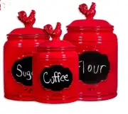 Rooster Dry Goods Red Canister Jar Kitchen Farmhouse Home Ess. Set Of 3 New