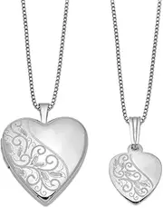 [JewelryWeb] 925 Sterling Silver Satin Back Spring-Ring Holds 2 photos Not engraveable Polished Swirl Design Love Heart Locket and Pendant Set 19.5mm Wide-Locket Necklace for Women