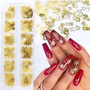 Christmas Nail Art Glitter, 12 Grids Gold Snowflake Nail Charms Snowflakes Snowmen Elk Bell Gift Xmas Tree Christmas Nail Design Winter Confetti Glitter Sequins Manicure DIY Nail Decoration