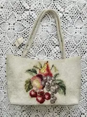 Vintage 90s Tapestry Fruits Pattern Beaded Handbag Shoulder Bag