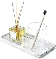 Nucookery 10" Ceramic White Marble Tray for Bathroom Rectangle, Large Vanity Tray, Kitchen Sink Tray Dispenser Organizer, Marble White