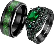 [ringheart] 2 Rings His and Hers Rings Black Plated Couple Rings Princess cut 6mm Green Cz Womens Wedding Ring Sets Titanium Steel Mens Wedding Bands