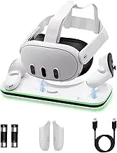Mcbazel Charging Dock for Quest 3, Fast Charging Station Display Stand with LED Light, Includes 2 Rechargeable Batteries for VR Headset & Controllers - White