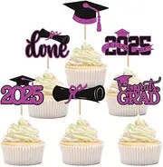 24 Pcs Graduation Cupcake Toppers 2025 Purple Glitter Grad Cupcake Toppers for Graduation Decoration, Class of 2025 Graduation Cap Cupcake Toppers Supplies