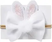 [LilPinkGoose] Baby Easter Bunny Headband Bunny Ears Headband White & Pink One Size For Newborn Girls Toddlers Adults (Khaki Elastics Large Bow)