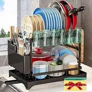 Dish Drying Rack, 2 Tier Large Dish Drying Rack for Kitchen Counter with Drainboard Stainless Steel Dish Drainer for Dish/Knifes/Cup/Cutting Board, Black