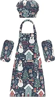 AIXIWAWA Kids Apron Chef Hat Set, Child Kitchen Bib Aprons Adjustable for Cooking Baking Painting (Christmas Winter Houses)
