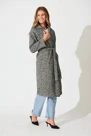 Decadence Coat Full Length Sleeve in Black and White Herringbone S