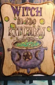 kitchen witch wall art pyrography woodburned handmade cauldron