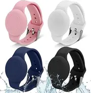 4 Pack Waterproof Case for Apple Airtag Bracelet for Kids, Soft Silicone Hidden Air Tag Wristband Full Case Cover Lightweight GPS Tracker Holder Watch Band(Black+White+Pink+Navy)