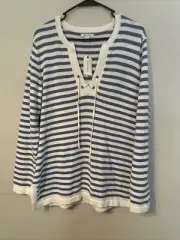 Nautica Blue Striped V Neck Sweater W. Tie Strings Womens Size Large 100% Cotton