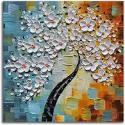 [Muzagroo Art] White Flower Oil Painting Painted by Hand with Raised Texture on Canvas Wall Art for Living Room Floral Canvas Art for Dining Room Wall Decor Ready to Hang(32x32in)