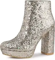 [Perphy] Glitter Platform Round Toe Chunky Heels Ankle Boots for Women