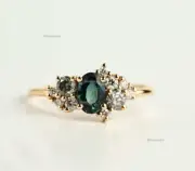 Teal Sapphire Real Diamond &Salt Pepper Diamond Cluster Engagement Ring 14k Gold