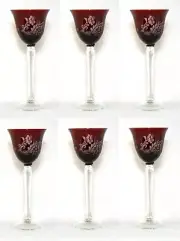 Votive Candle Holder Glass Burgundy Etched Wine Glass Shape 3.75"D 8"High Set/6
