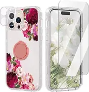 [ACKETBOX] for iPhone 14 Pro Max Case with Screen Protector + Camera Lens Protector and Ring Bracket，PC Back Case + Front Cover and TPU Phone Case Cover for iPhone 14 Pro Max (Flowers)