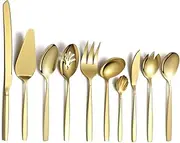 Berglander Gold Serving Utensils 10 Pieces, Titanium Golden Plating Serving Spoons, Included Cake Knife Cake Server Serving Forks Sugar Spoon Salad Spoon Forks Butter Knife Gravy Ladle ect.