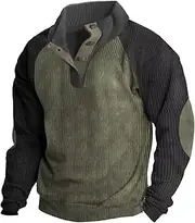 Mens Corduroy Sweatshirts Lapel Collar Button Up Sweater Vintage Aztec Long Sleeve Mock Neck Shirt with Elbow Patches, Blue, XX-Large, Blue, XX-Large