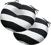 Magpie Fabrics Outdoor Round Bistro Seat Cushions with Ties, Fluffy Tufted Patio Chair Pads 15"x15"x4" Set of 2 Waterproof Floor Pillow for Home Garden Balcony Kitchen Office Porch, Black White Stripe