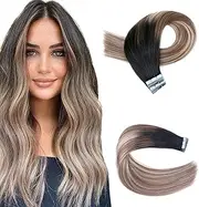 KOCONI Tape Hair Extensions 100% Real Human Hair Invisble Full Head Balayage Natural Black to Chestnut Brown with Medium Blonde 22 Inch 50g/Pack 20Pieces #1B/6/22