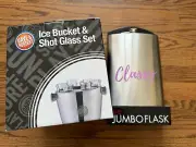 Jumbo Flask Stainless Steel Large Party Lot Classy Ice Bucket Shot Glass Set New