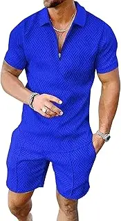 [Maiyifu-GJ] Men's Short Sleeve Polo Shirt 2 Piece Short Set 1/4 Zip Polo Shirts and Shorts Sets Summer Fashion Casual Outfits (Blue 2,Large), Blue 2, Large, Blue 2, Large