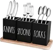 CHONIC Farmhouse Silverware Holder, Rustic Wood Silverware Caddy with Tray, Spoon Fork Knives Flatware Dispenser, Utensil Countertop Organizer, Plastic Cutlery Holder for Kitchen Party (Black)