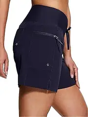 [ISEEGZ] Women's 5" High Waisted Swim Board Shorts Quick Dry UPF 50+ Womens Swim Trunks Bottoms with Liner Zipper Pockets, Navy, Medium