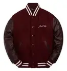 Mens Maroon Wool & Leather Varsity Jacket Classic Retro Bomber with Ribbed Cuffs