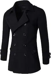 [Qolkmuiy-GJ] Men's Wool Blend Winter Long Stylish Autumn Winter Woolen Lapel Coat Fashion Double Breasted Pea Coats, Black, Large
