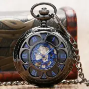 Luxury Mens Pocket Watch with Chain Steampunk Skeleton Black Mechanical Watches