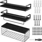3Pcs Bathroom Shelves Over Toilet, Wall Mounted Floating Shelves with Towel Bar & Grid, Wall Decor for Bathroom, Living Room, Bedroom and Kitchen, Black