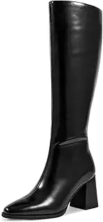 [wetkiss] Knee High Boots for Women, Chunky Boots with Side Zipper, Stretch Slit, Almond Toe, Stacked Block Heel