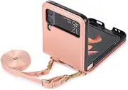 Plain Crossbody Phone Case for Samsung Galaxy Z Flip 4 3 5G Credit Cards Slot Leather Back Cover with Lanyard,Pink, for Galaxy Z Flip3 5G