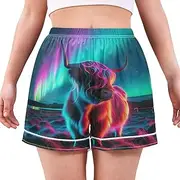 [RPLIFE] Neon Highland Cattle Womens Pajama Shorts, Women's Lounge Shorts, Comfy Ladies Summer Pajamas