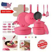 All-in-One 24-Pc Nonstick Cookware Set - Oven Safe, Dishwasher Friendly, Pink