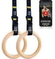 Wood Gymnastic Rings with Quick Adjust Numbered Straps and Exercise Videos Gu...