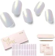 NAILOG Semi Cured Gel Nail Strips (20 Extra Long Nail Stickers) | Glossy & Long Lasting Soft Gel Finish Nail Wraps| Shimmer Duochrome Creamy White | Pink Moonlight