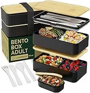 UMAMI Premium Bento Lunch Box for Adults/Children - Includes 1 Sauce Pot & Cutlery 3 Pieces - Japanese Hermetic Box - 2 Compartments - Micro-Waves & Dishwasher & Freezer - BPA Free - Zero Waste