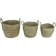 Northlight 3 Gray Tall Seagrass Storage Baskets with Sewn Zig Zag Accents 13"