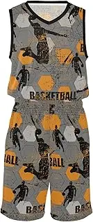 [GuoChe] Basketball Jersey and Shorts Sets Basketball Player Geometric Grunge Gray Orange Basketball Jerseys for Men Practice