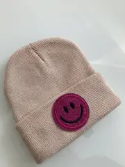 Kids Smiley Face Knitted Beanie Tan & Fuchsia Metallic Boys Girls Winter Hat