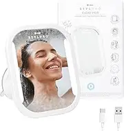 Anti-Fog Bathroom Mirror: Heated, LED Lighting, Secure Suction, Squeegee Included. Makes Shaving, Cleansing, and Washing in Shower Easy. Water-Resistant, Rechargeable, Sleek Design.